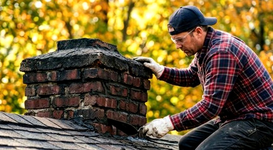 Mason working a chimney stack in golden evening light